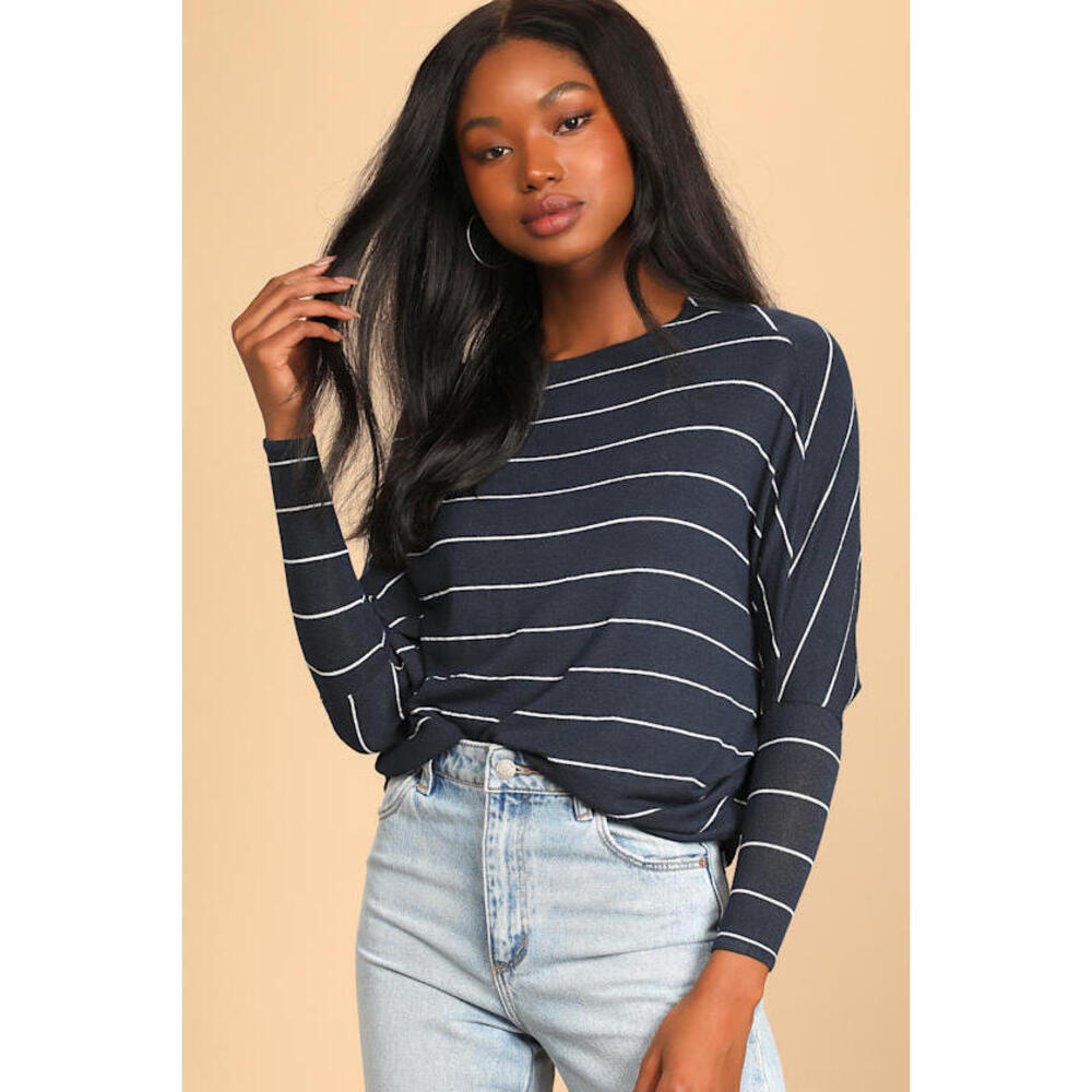 Lulus Basics Verla Navy Blue Striped Dolman Sleeve Sweater Top - Size S NWOT